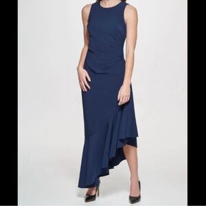 Eliza J Midi Dress Size 12 Navy Blue Asymmetrical Ruffle Sleeveless Cocktail